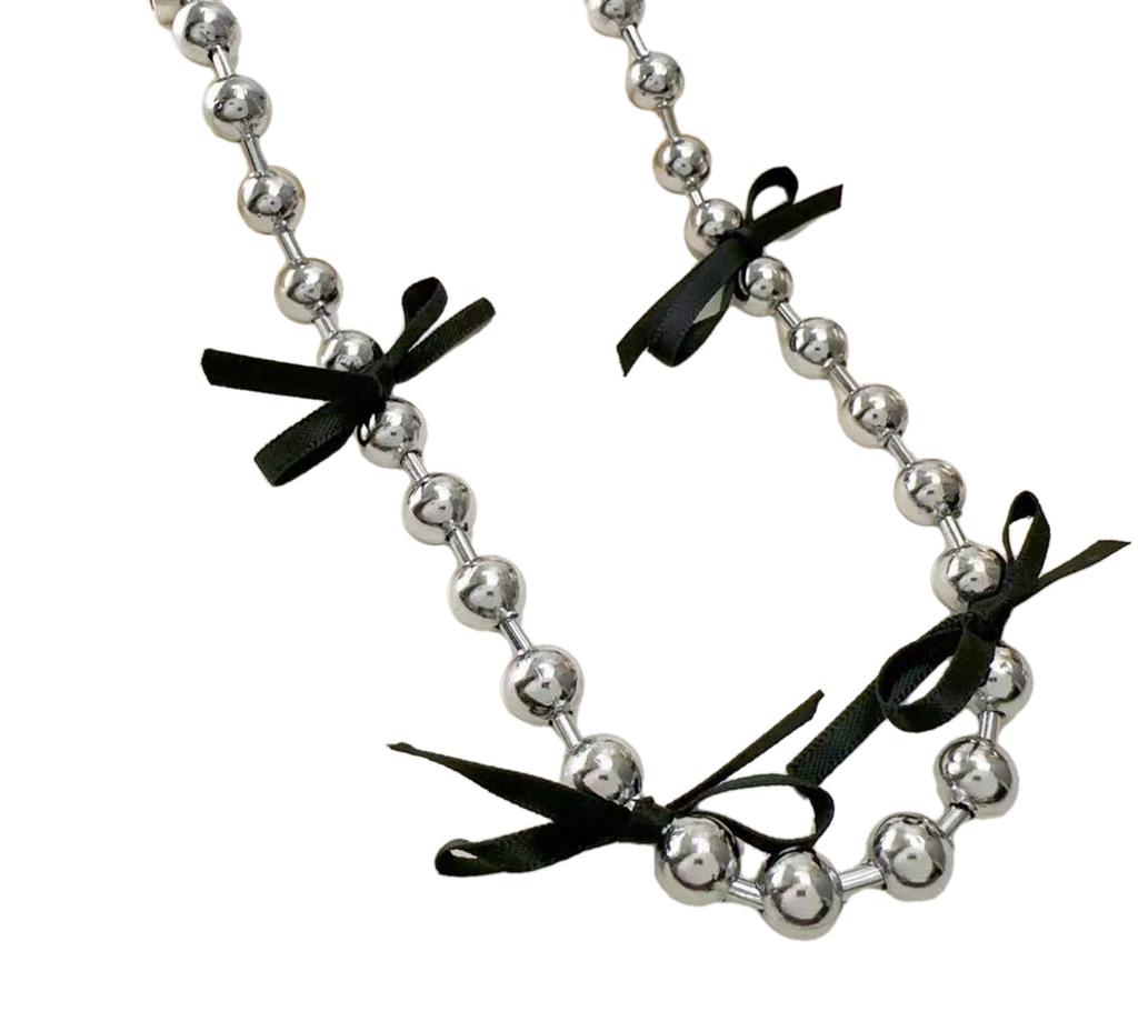 Fashionable Round Bead Neck Chain Beautiful Steel Beaded Chain Necklace Intricate Bowknot Pattern Collarbone Chain