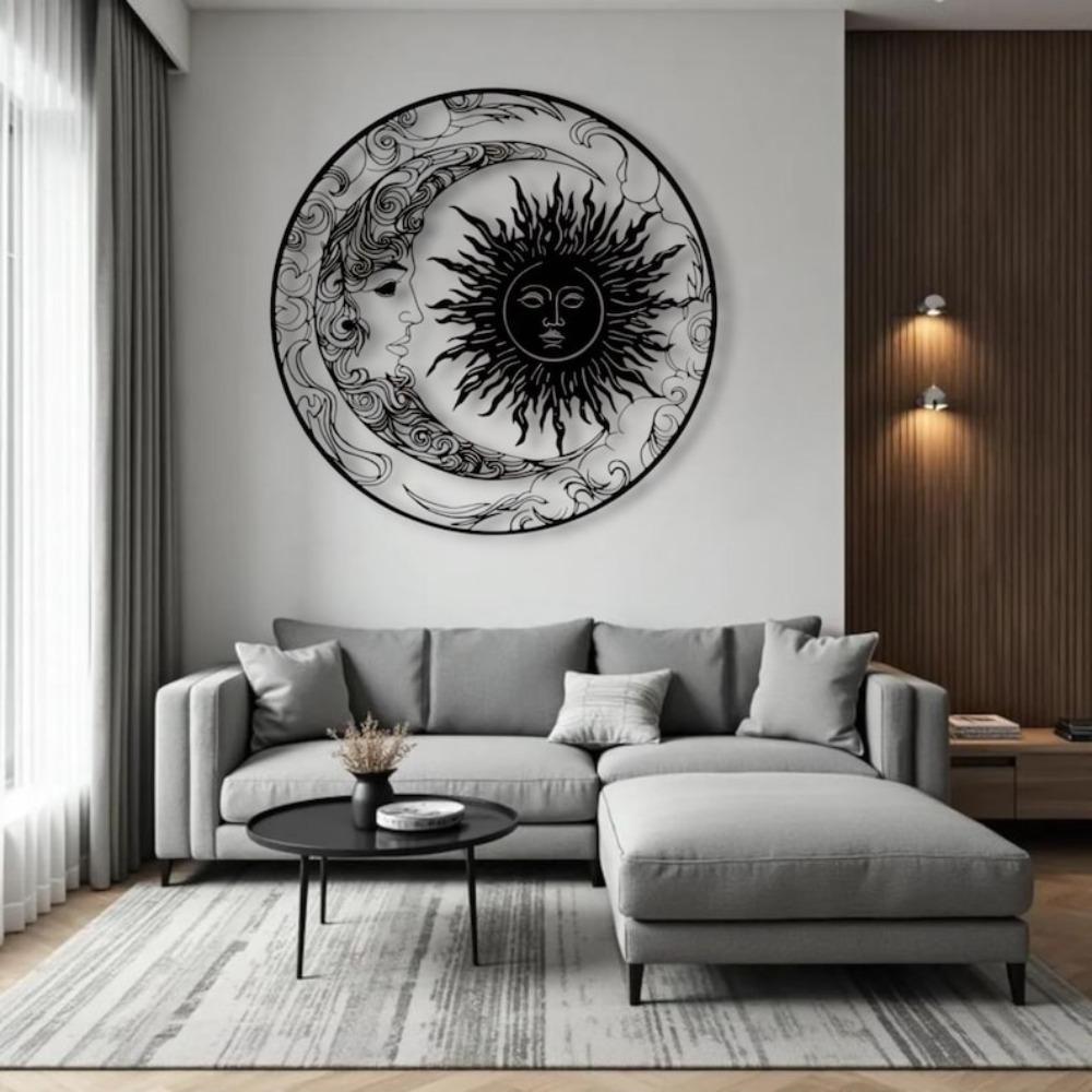 Metal Wall Art Sun and Moon Laser Cut Black Steel Home Decor Modern Design