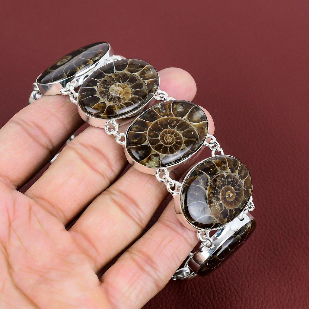 Ammonite Fossil Bracelet Natural Gemstone Jewelry 925 Sterling Silver Bracelet Handmade Boho Jewelry Adjustable Chain Bracelet Gifts For Her