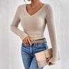 Autumn and Winter V-neck Long-sleeved Polished Pit Strip Knitted T-shirt Top Women Scalloped V-neck Vertical Rib High Stretch Slim Long Sleeve
