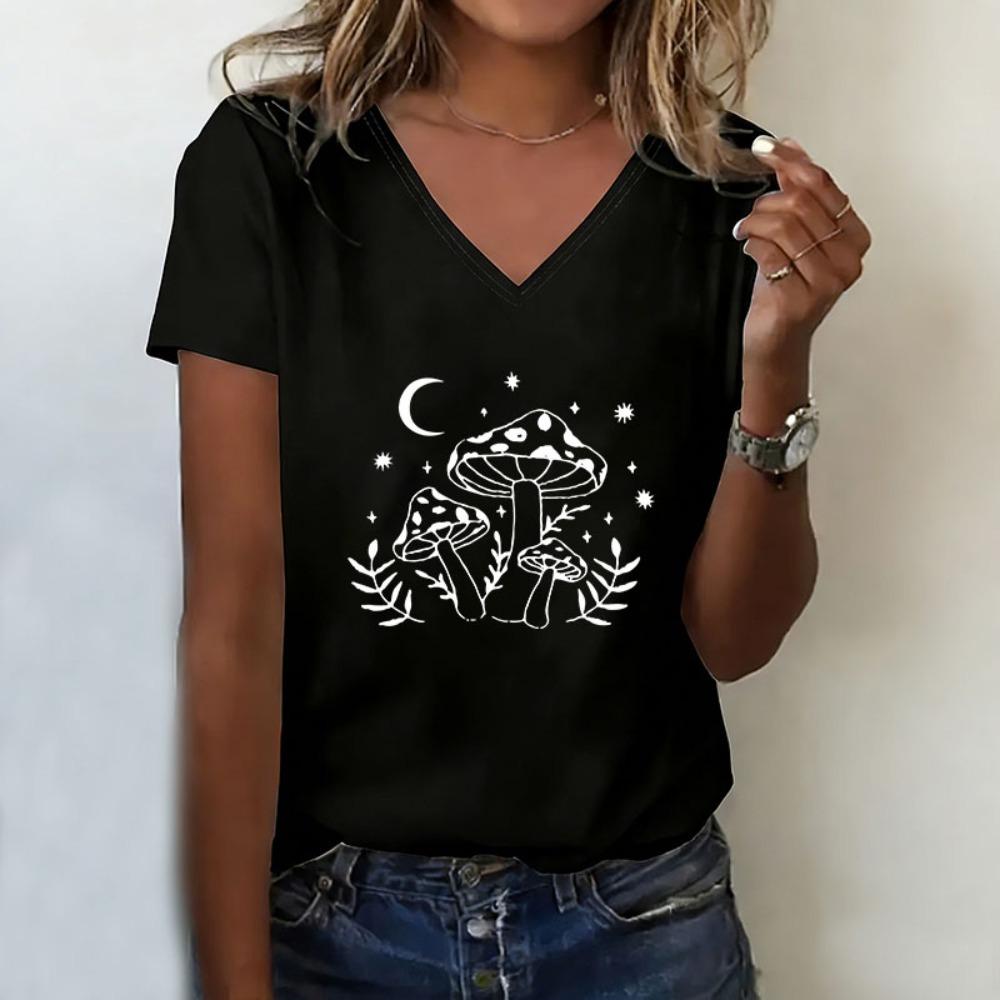 

Vintage Mushroom with Star T-shirt V Neck Casual Fashion Y2k T Shirts Women Short Sleeve Tee Shirt V-Neck Summer Spring S
