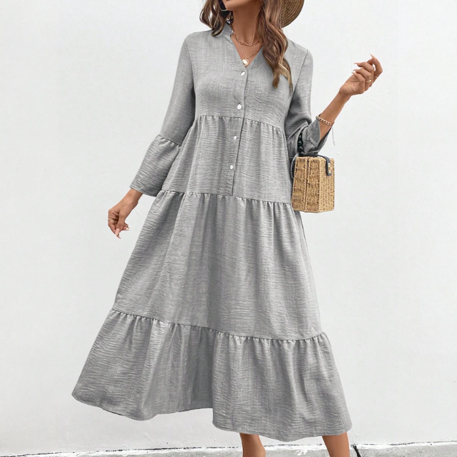 

Women s Fall Long Sleeve Maxi Dress V Neck Hollow Out Eyelet A Line Long Casual Party Dresses S