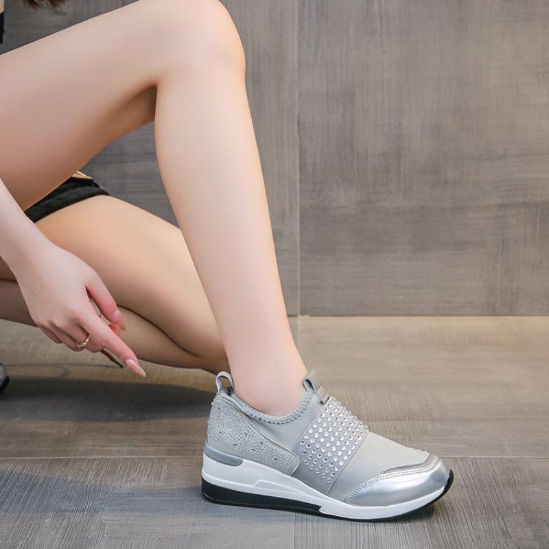Large size casual single shoes women's rhinestone slope heel heightening single shoes women