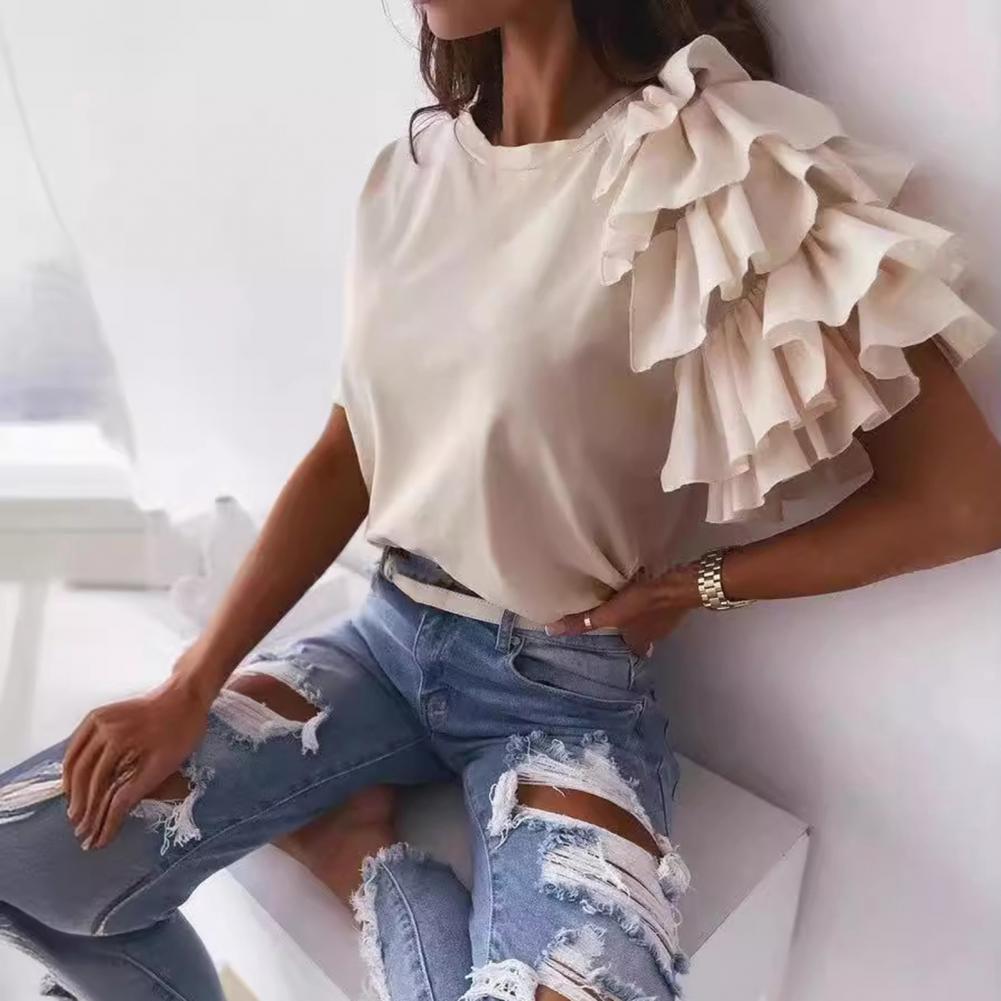 Women Summer T-shirt Asymmetrical Short Sleeve Multi-Layered Ruffles T-shirt Round Neck Single Color Tee Tops Streetwear