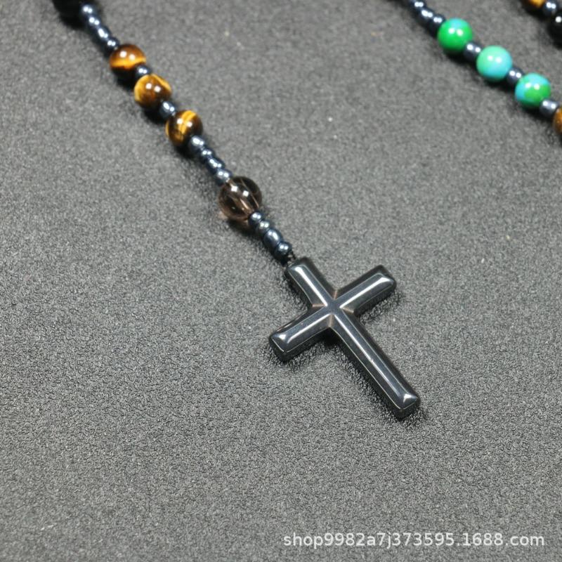 Collana Rosario Occhio di Tigre Turchese – Ciondolo Croce Onice Nera, Regalo di Radicamento Protezione per Uomini