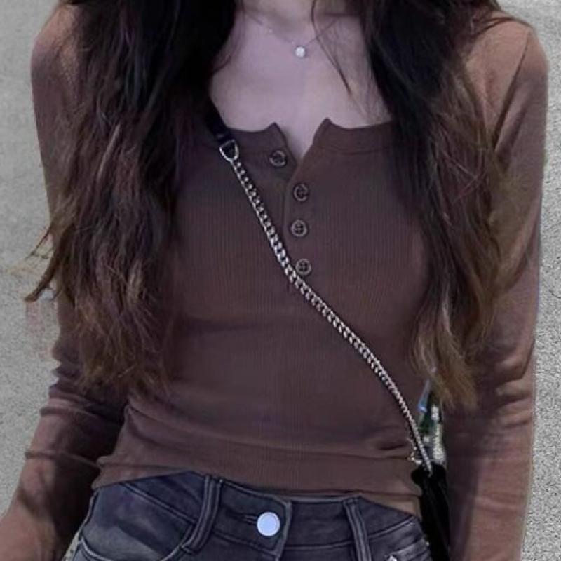 Shop Women S U Neck Ribbed Half bUtton Slim Long Sleeve Top Wld wSh SiS677