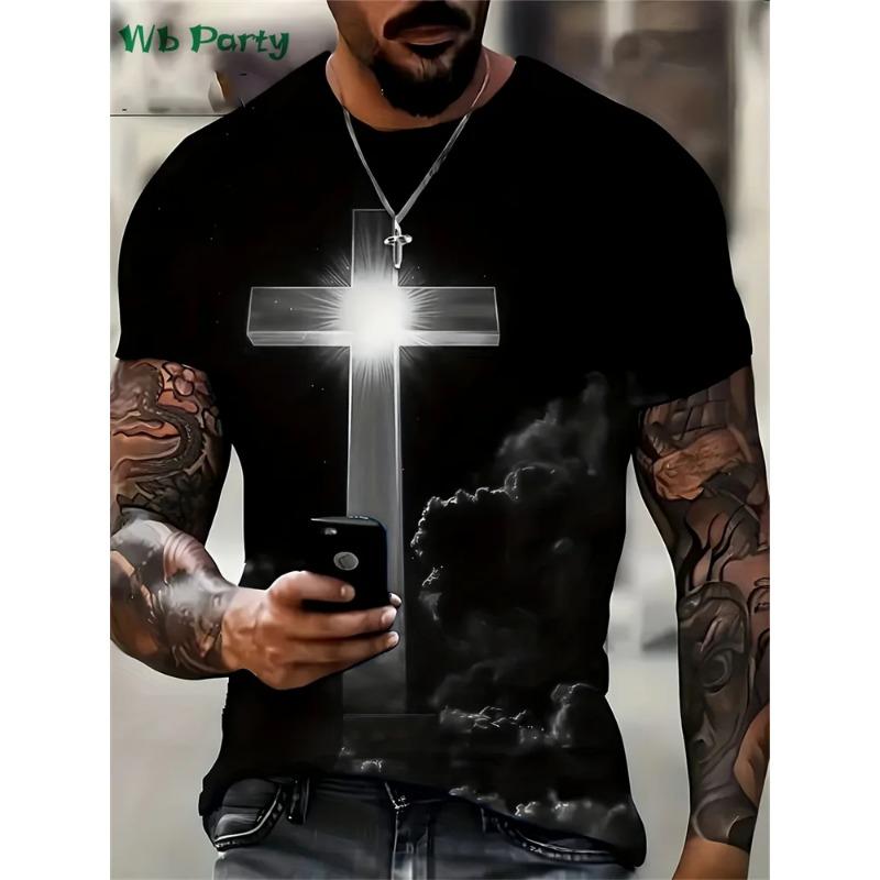Fashion Crucifix 3D Print Mens Clothing Round Neck T-shirts for Men Casual Loose Men's Clothing Street T-shirts