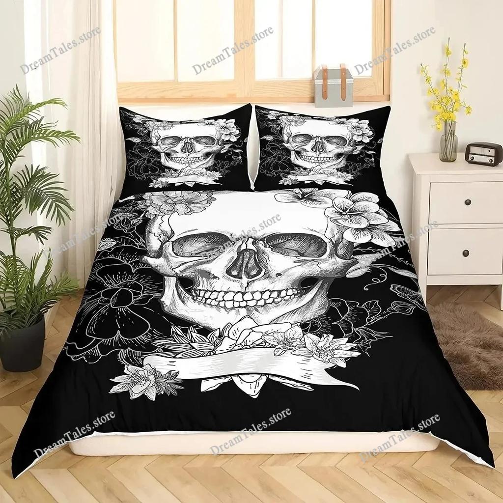 Gothic Sugar Skull Bone Bedding Set Skeleton Hand Comforter Cover Rose Leaves Romantic Flowers Home Textileextile Luxury Gift