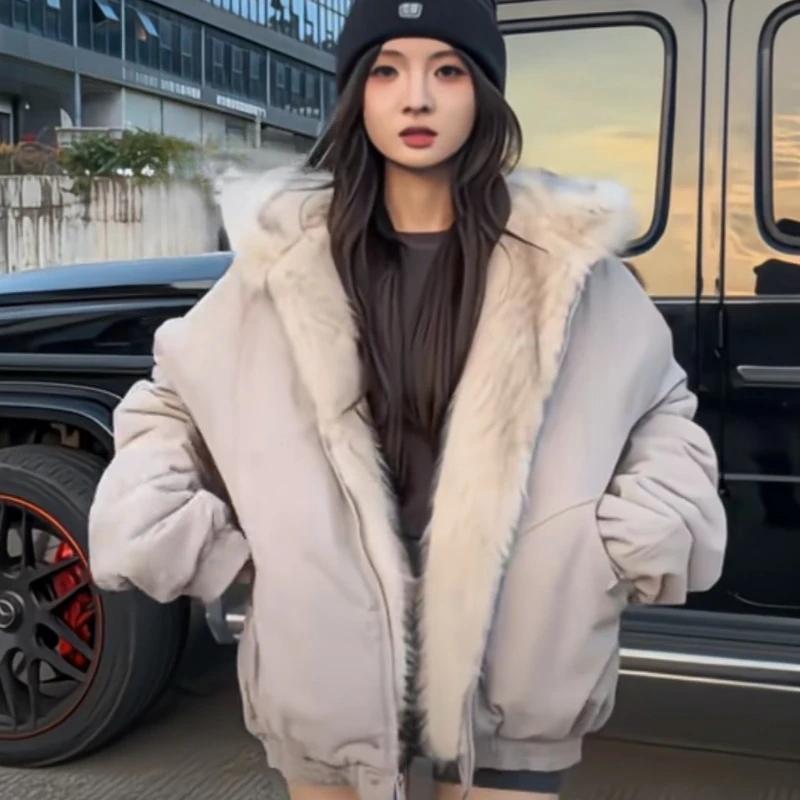 2KWEIRD Women's Winter Thickened Fur Collar Warm Jacket Zipper Hoodie Couple Fashion Fashion Fashion Casual Loose Jacket Top