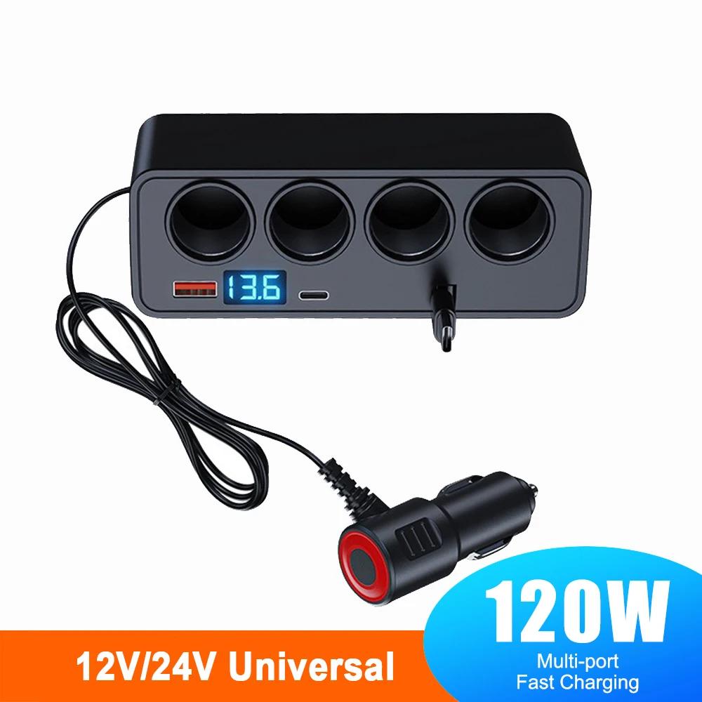 120W USB Car Charger with Retractable Cable QC3.0+PD30W Quick Charging Power Adapter USB Phone Charger 12V 24V Car Cigarette Lighter Splitter