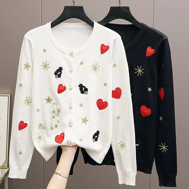 Autumn Women Designer Embroidery Heart Single Breasted Knitted Sweater Coat Jacket