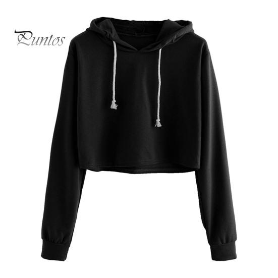 

Женская толстовка с капюшоном на осень и весну, свободная, однотонная, с эластичными манжетами на шнурке, короткая длина, повседневный свитер, повседневная одежда, топ S чёрный