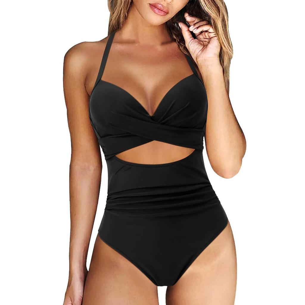 One Piece Swimsuit Women Halter Neck Cutout Waist Detail Floral Print Plus Size Swimwear Beachwear