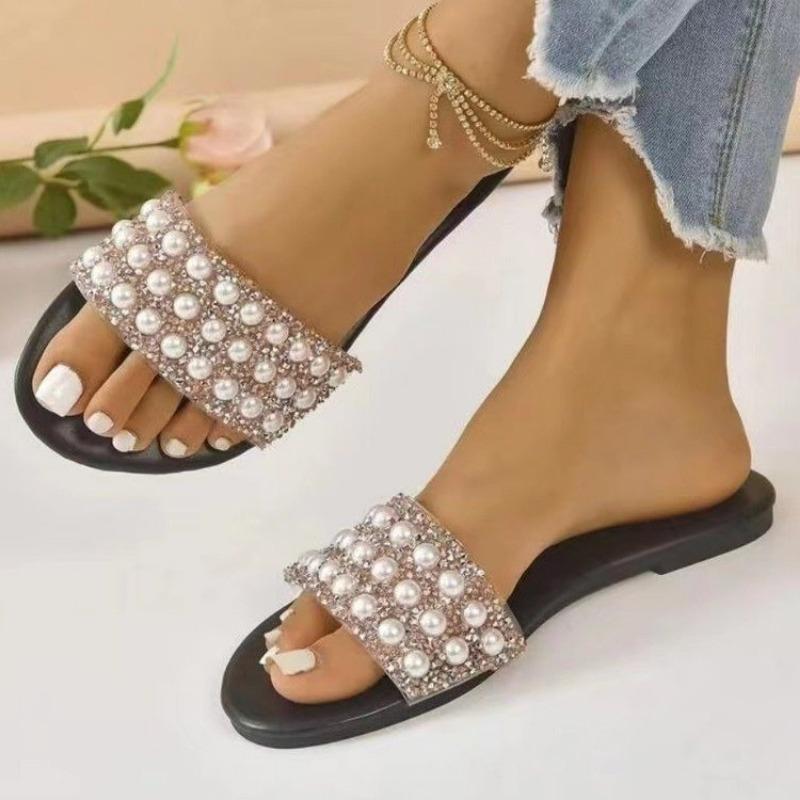 Summer new large size flat-bottomed pearl one-word cool slippers round head dew rhinestone women's sandals slipprs