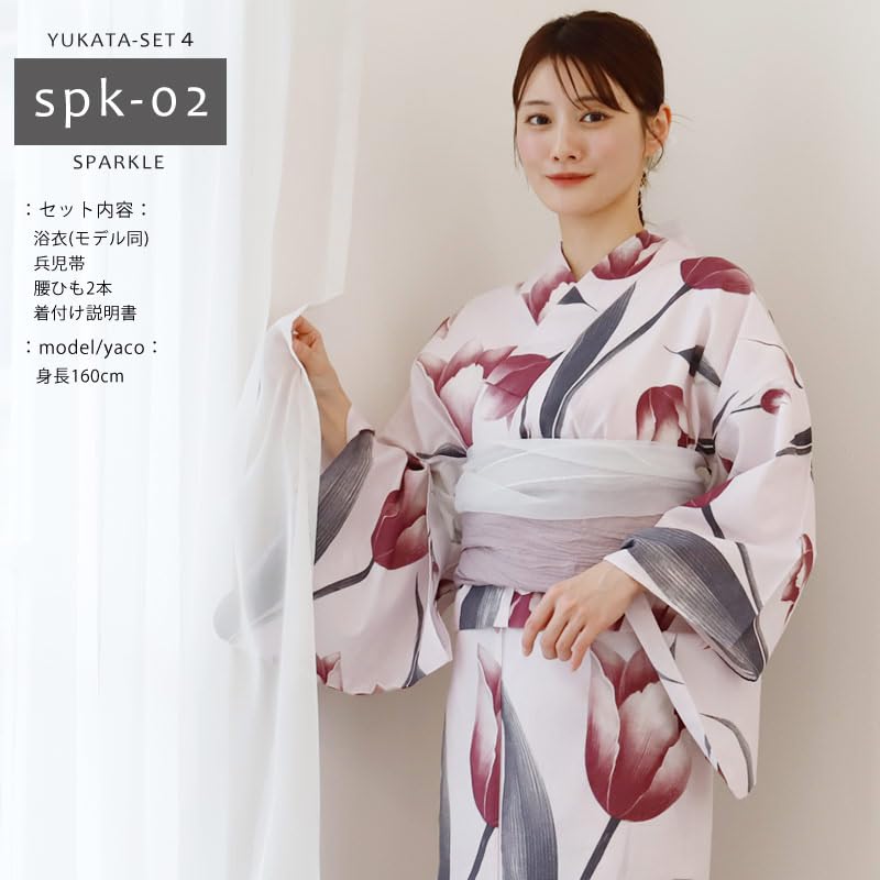 Kimono Hiroba Yu Yukata 9 Patterns Women's 4-Piece Set, (spk-2)