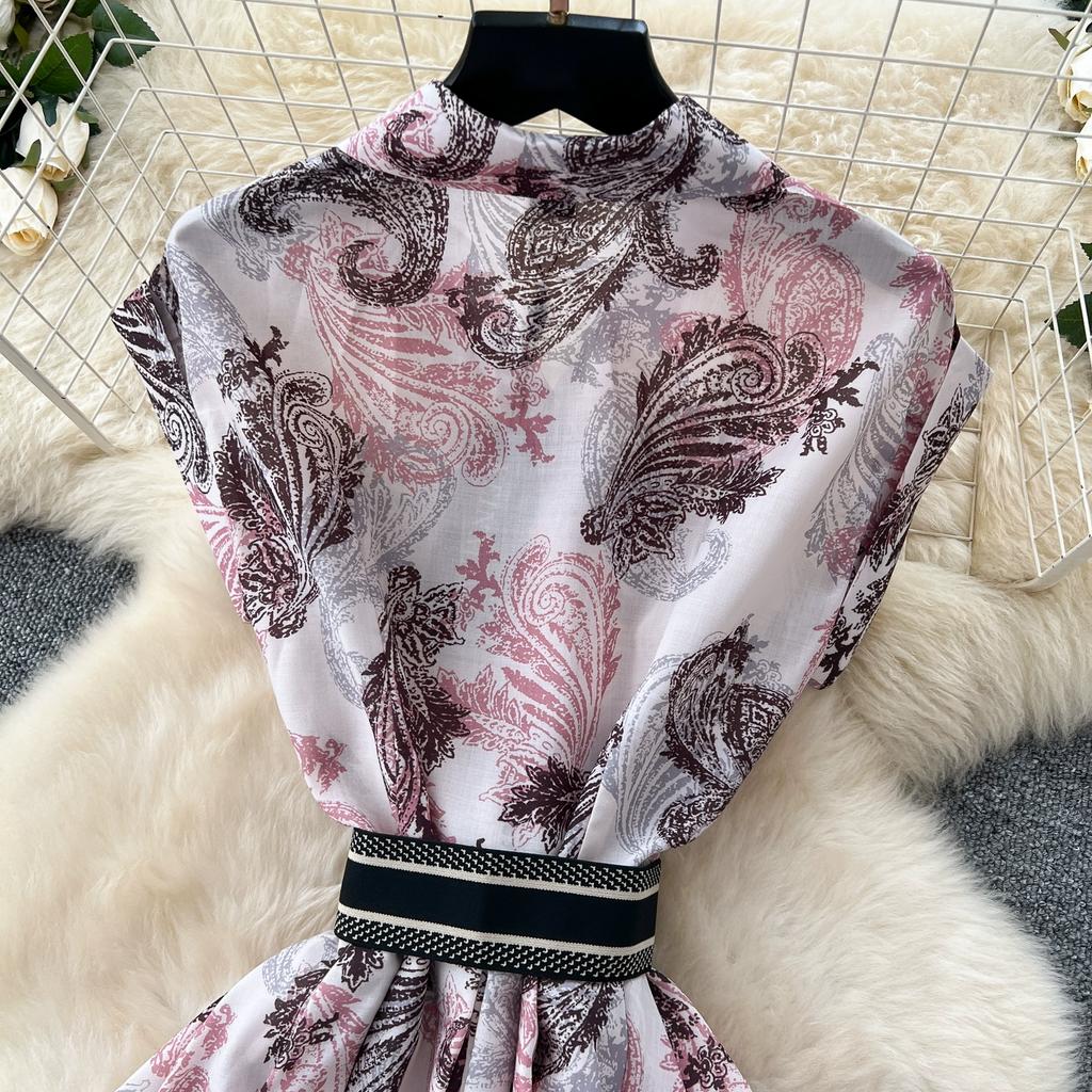 Summer Women Vintage Print Short Sleeve Turn-down Collar Single Breasted Long Midi Party Shirt Dresses with Belt