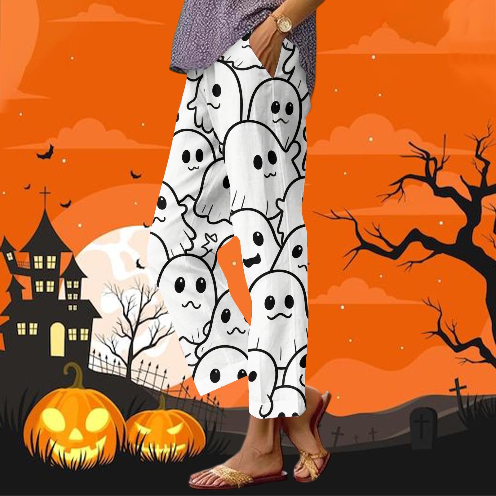 

Женские повседневные модные брюки прямого кроя с принтом на Хэллоуин, брюки с карманами M белый