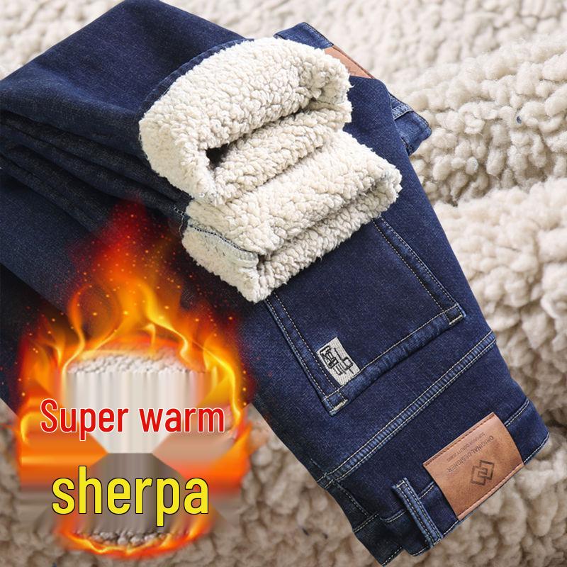 Men's Elastic Straight-Leg Thickened Jeans with Velvet Lining for Autumn and Winter