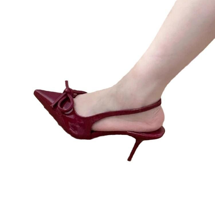 Red patent leather pointed high heels 2025 spring new bow-decorated high heels empty bag head women's shoes after the word