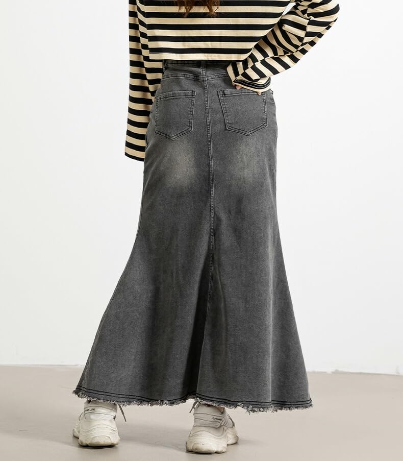 DAYCLOSET Long Denim Mermaid Fringed Skirt007 Women's Skirt, Lightweight, High-Waisted, Hem, Spring, Summer, Fall, (L, Gray)