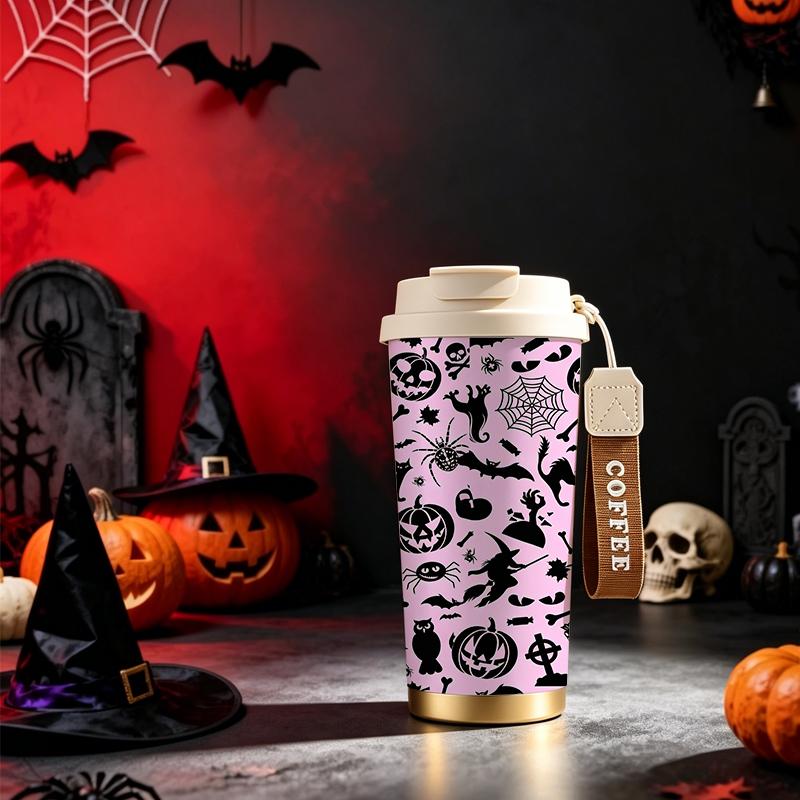 Halloween Coffee Cup 532ml Pumpkin Cat Witch Web MotifDouble Wall Insulated Cup Metal Travel Cup Autumn Commuter Cup