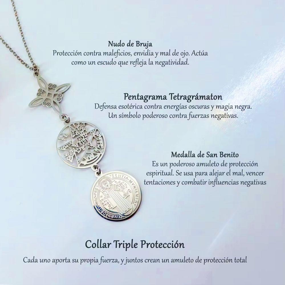 Nerezový přívěsek s trojitou ochranou s čarodějnickým uzlem, pentagramem, tetragrammatonem, st. Benediktův ochranný amulet šperk