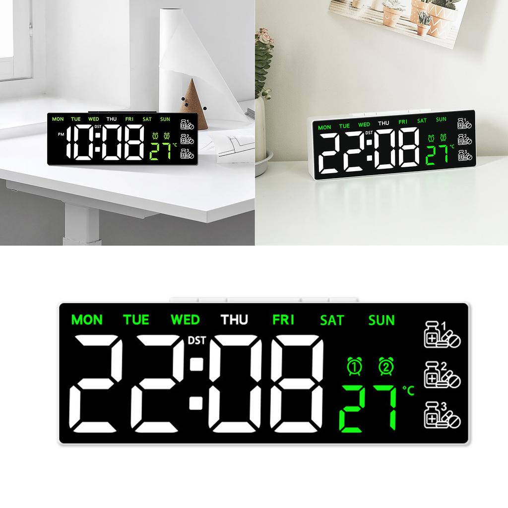 Modern LED Digital Alarm Clock With Pill Reminder And Brightness Adjustment Temperature Display For Home Office Decors