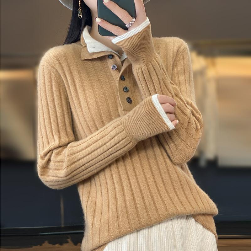 

Осень Зима Женщины Повседневный отложной воротник Пуловер Кашемировый свитер Трикотаж Одежда Топы XS хаки