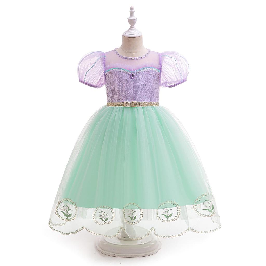Girls' Mermaid Tulle Embroidered Princess Dress - Sequined Short-Sleeve Halloween Puffy Skirt
