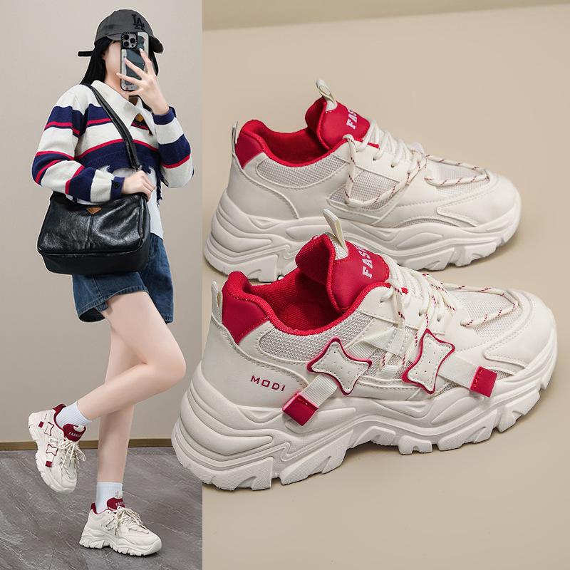 Women Summer Platform Shoes Mesh Surface Internet Celebrity Thick Sole Height Increasing White Dad Sneakers Casual Running