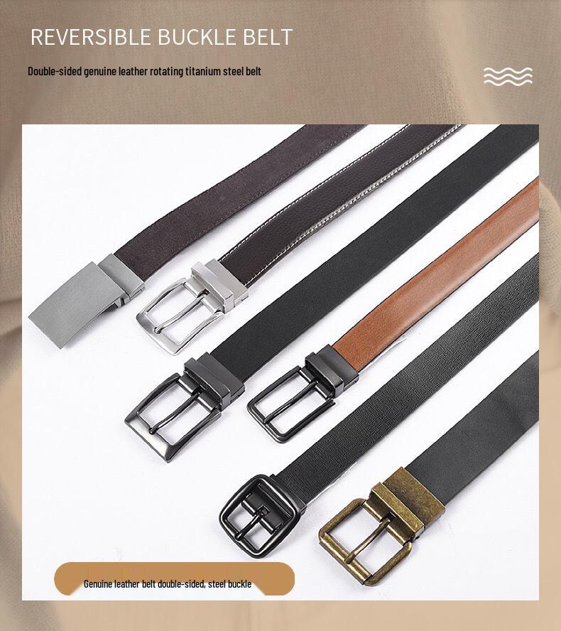 Men's Plus Size Genuine Leather Reversible Belt with Rotating Pin Buckle - Casual and Versatile.