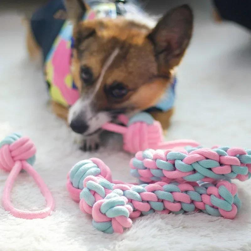 JUSTINLAU Pet Toys Anti-bite Teeth Cleaning Toys Pink Blue Mini Ball Cotton Knot Tooth-grinding Toys for Dogs Home Pet Supplies