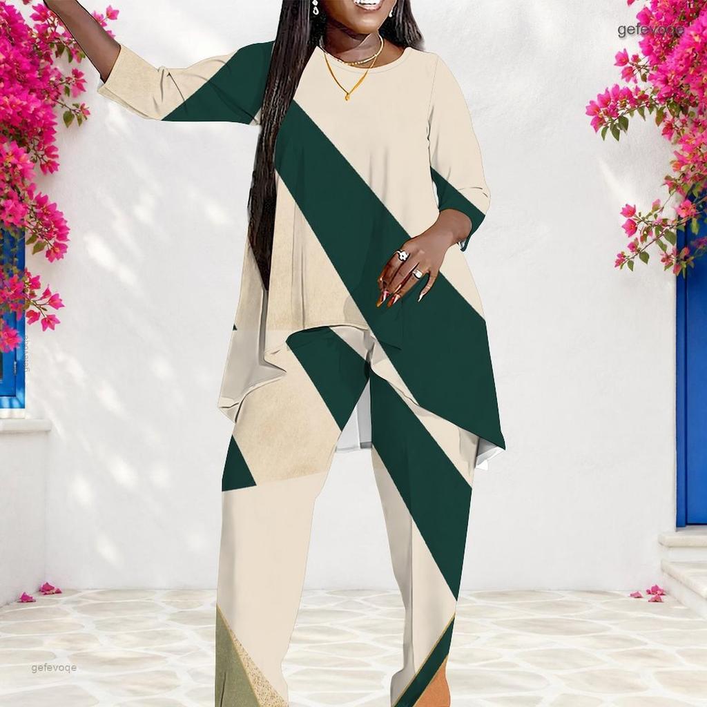 Women Plus Size Beige Dark Green Printed Round Neck Three Quarter Sleeve Asymmetrical Top Long Pants Two Piece Set