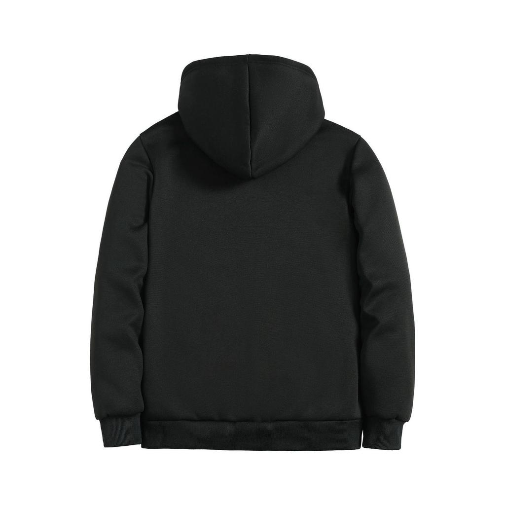 Men's Black Lambswool Thick Winter Hooded Coat with Zipper - Versatile, Loose-Fit Hoodie