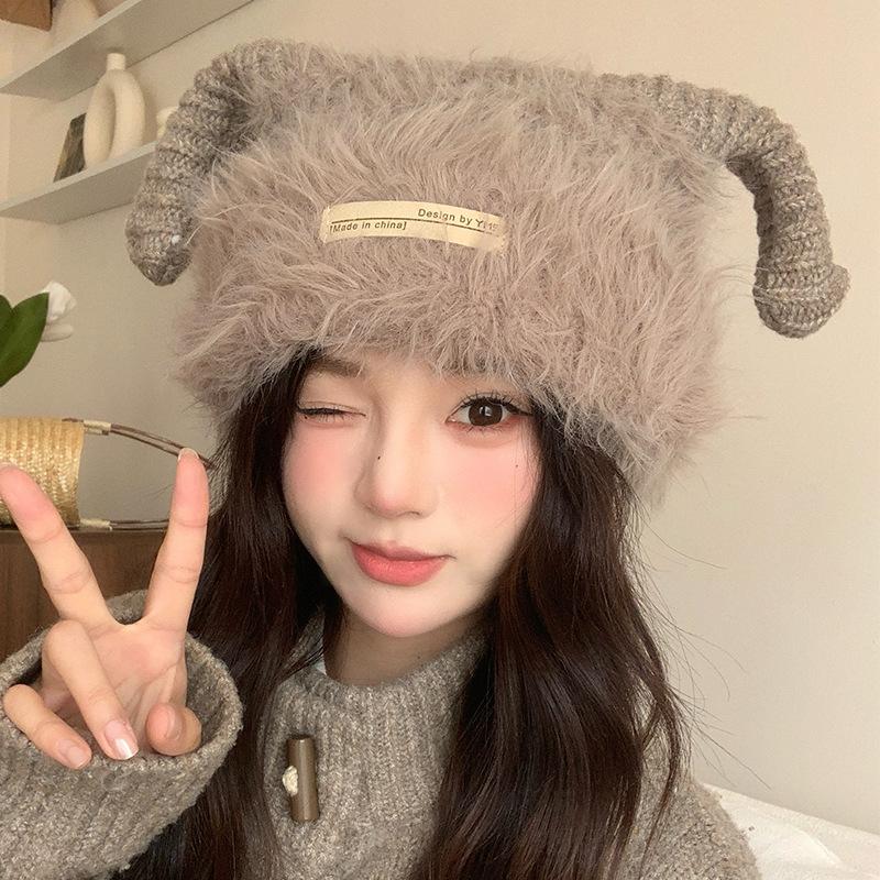 Plush Knitted Hat Autumn and Winter Korean Version Warm Ear Protection Cold Proof Woolen Hat Personalized Horn Big Head Cold Hat for Women