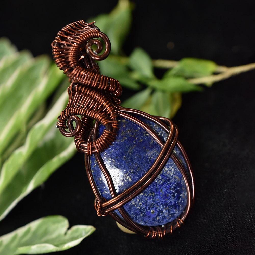 Natural Lapis Lazuli 65 Ct Certified Handmade Copper Wire Wrapped Oval Pendant