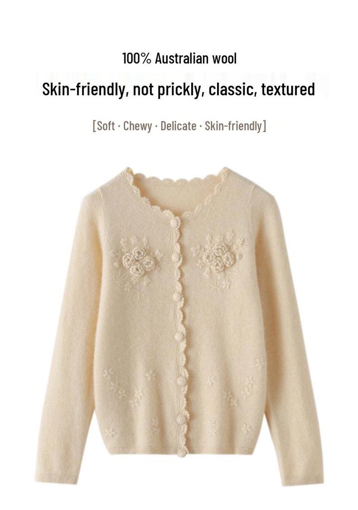 Women's 100% Pure Wool Embroidered Cardigan - Soft, Loose, Solid Color Knit Sweater for Autumn and Winter.
