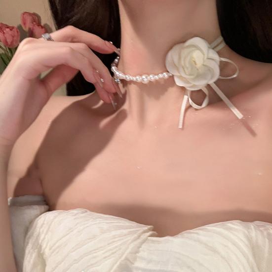 Kamelie Faux Perle Damen Halskette Vintage Französisch Hypoallergen Verstellbar Mädchen Faux Perle Blume Choker Halskette Modeschmuck