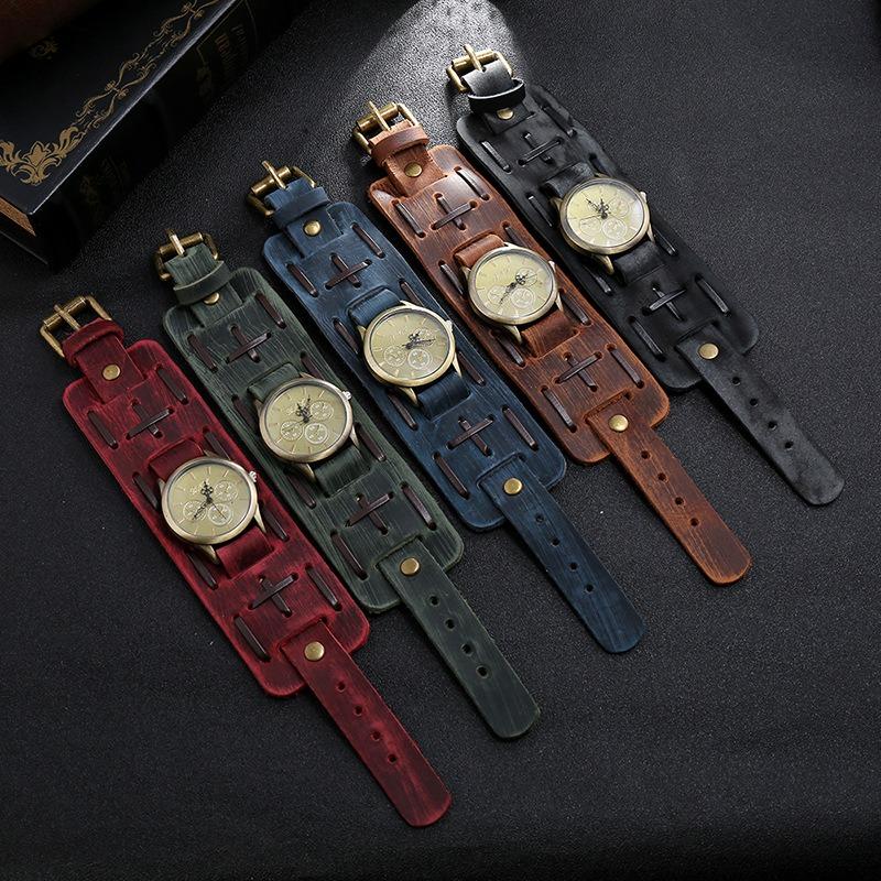 Men Watches Punk Retro Decorative Wide Strap Quartz Watch Male Clock Leather Bracelet Male Quartz Wristwatch Relógios Masculino