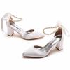 7cm Thick Heel Pointed Sandals Straps for Women's Sandals White Beaded Satin Cloth Bridal High Heels Large Size