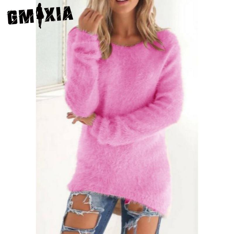 GMXIA Women's Fashion Casual Solid Color Print Autumn Winter Long Sleeve O-Neck Loose Sweaters