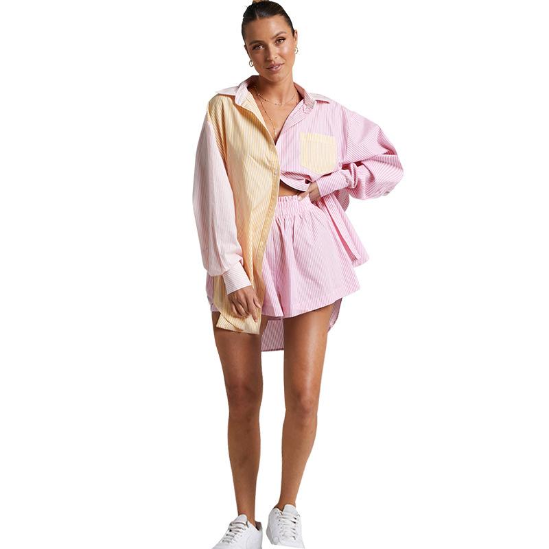 

Женская однобортная рубашка в полоску с цветными блоками и длинными рукавами, модный повседневный короткий костюм S розовый