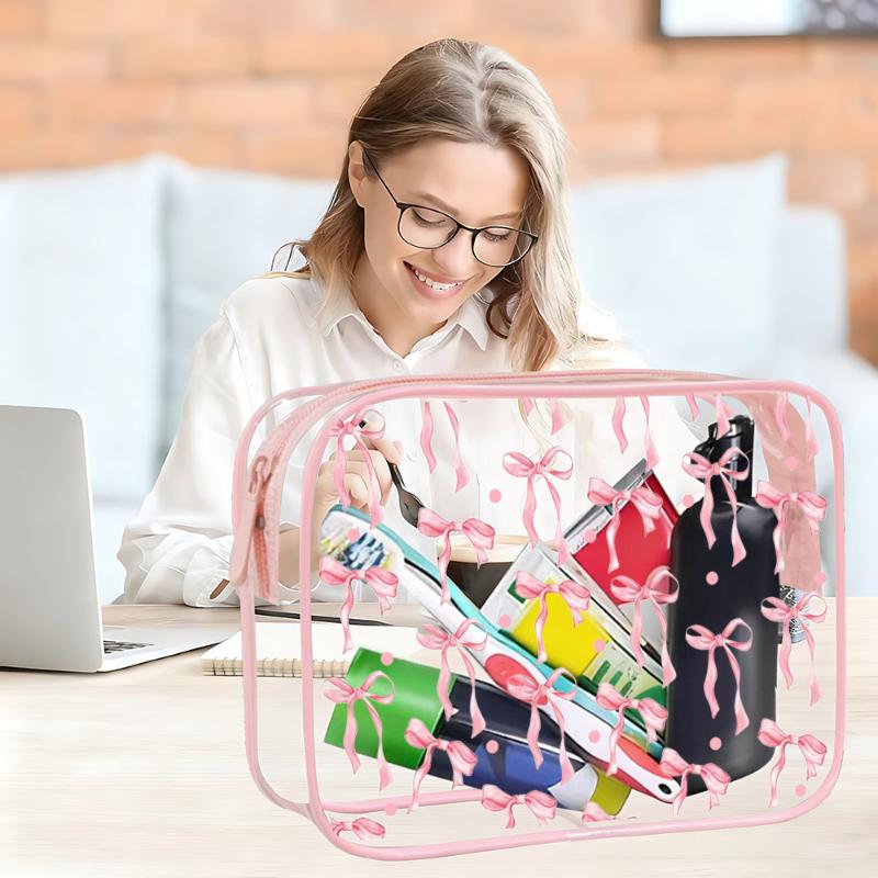 All Over Print Waterproof Pvc Nylon Pouch Bows Makeup Bag Transparent Toiletry Zipper Pouch Bow Clear Cosmetic Bags