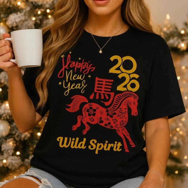 

Of The Wild Spirit Horse Chinese Zodiac 2026 Commuter Shirt Happy New Year Graphic Unisex Cotton Tee Lover Gift Adult Streetwear S