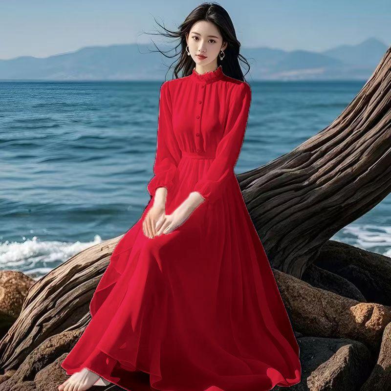 

Retro Gold Style Dress 2025 Spring and Summer New Seaside Vacation Elegant Waist Hugging Long dress Elegant Large Swing Skirt Red 2XL