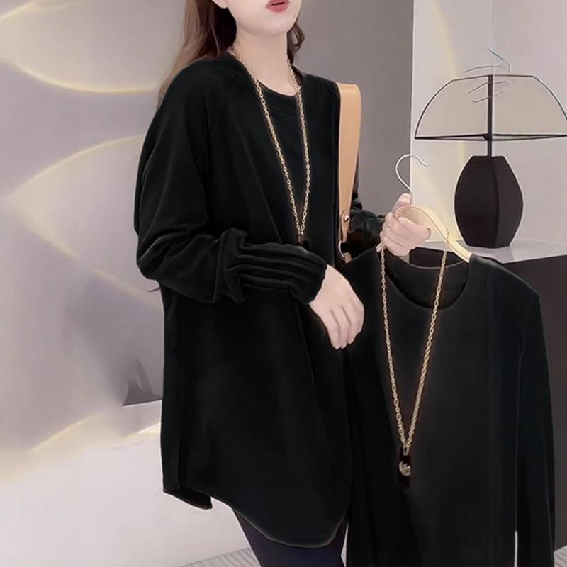 Autumn Winter Solid All-match T-shirt Women Long Sleeve Warm Pullover Top Female Solid Color Loose Casual Tee