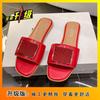 Korean Version of Square Head Flat Bottom Slippers Outer Wear 2025 Summer New One-character Casual and Comfortable Skirt Explosion Dopamine
