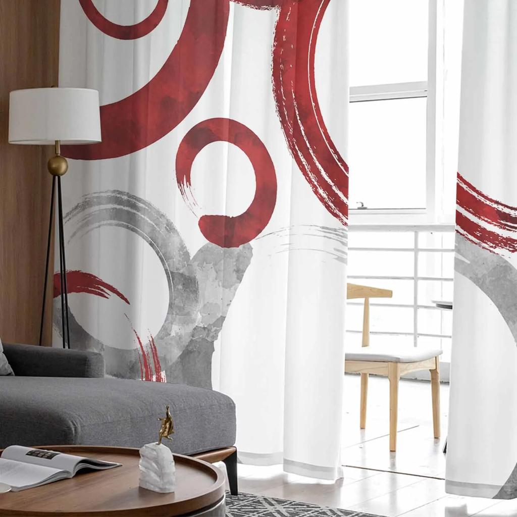 Geometrische Farbkreise, rote Tüllvorhänge für Wohnzimmer, durchsichtiger Vorhang für Schlafzimmer, Küche, Jalousien, Voile-Vorhänge