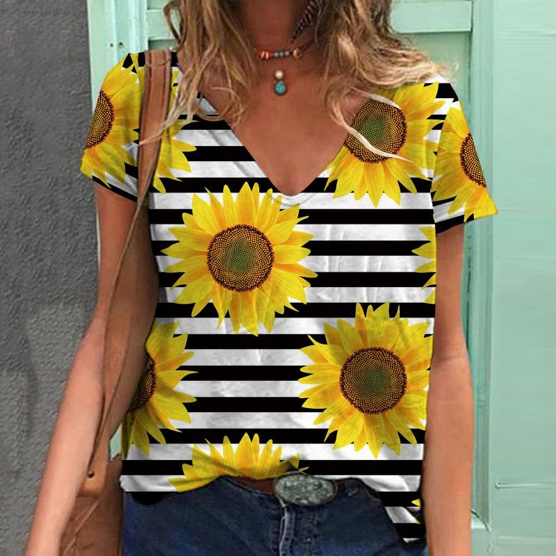 

Летняя футболка с принтом подсолнечника Sunflower 3D Digital Printed V-образным вырезом и коротким рукавом, классическая женская футболка XXXL