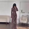 European and American Women's Cross-border Foreign Trade 2025 Autumn New Round Neck High Waist Waist Thin Long Dress Temperament Floral Dress
